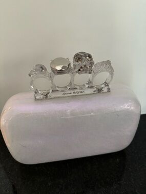 NWT Alexander McQueen iridescent white pearl clutch Swarovski / plexi rings